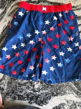 Boys Swim Trunks BOARD SHORTS Lined NAVY RED WHITE BLUE STARS Pockets XL 16-18